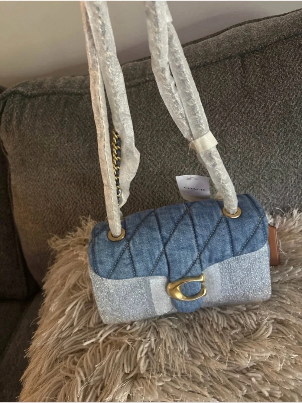 Authentic brand New Coach Blue quilted denim Tabby Crossbody Bag size 20